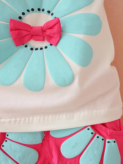 Girl's Summer Cotton Two-piece Set, Baby Girl Sunflower Print Short Sleeve Ruffled Top & Shorts Outdoor Wear Outdoor Clothing