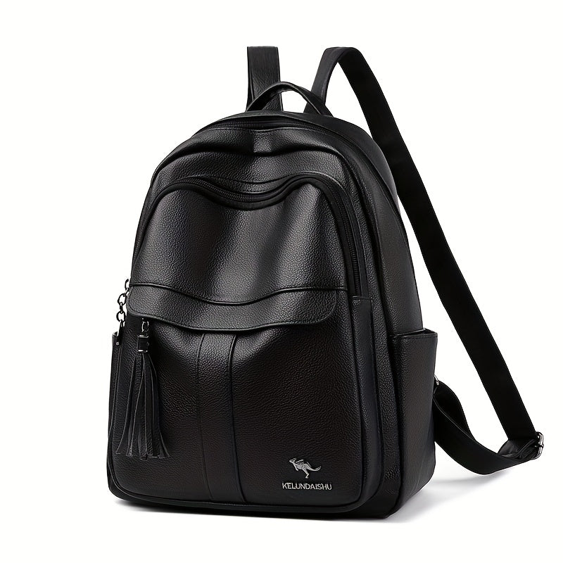 Women's 2025 New Style Synthetic Backpack with Tassel Charm - Glossy Black Soft Shell Travel Backpack, Detachable Adjustable Shoulder Straps & Zipper Closure, Spacious Laptop Compartment & Practical Pockets for Work, School,