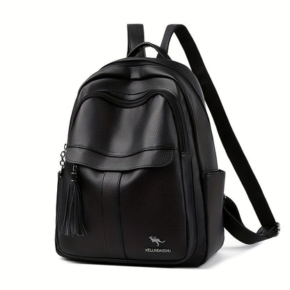 Women's 2025 New Style Synthetic Backpack with Tassel Charm - Glossy Black Soft Shell Travel Backpack, Detachable Adjustable Shoulder Straps & Zipper Closure, Spacious Laptop Compartment & Practical Pockets for Work, School,