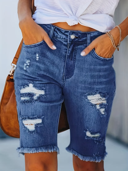 Women's Stretch Denim Mid-Rise Shorts with Distressed Frayed Hem & Knee Rips - Casual Summer Denim Shorts with Built-In Zipper, Machine Washable, Casual Attire, Comfortable Fit