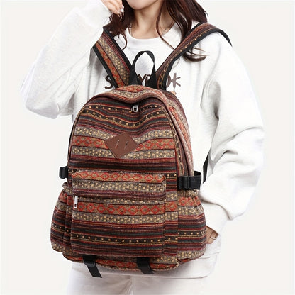 2025 vintage style backpack with adjustable straps, multiple compartments in brown, red, blue, and gray, large capacity travel and vacation backpack, travel backpack