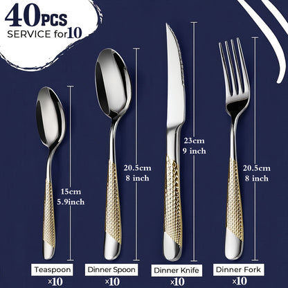 20/40pcs silverware cutlery set, hammer textured handle, durable cutlery including spoons, forks, knives, mirror polished high-quality stainless steel, dishwasher safe, suitable for home kitchens, restaurants, hotels, parties