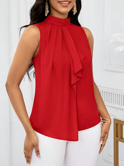 Women'S Fashion Solid Color High Neck Sleeveless Top, 100% Polyester, Lace-Up Detail, Woven Fabric, 120g/m², Regular Length, All-Season Wear
