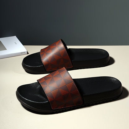 Sandálias de verão tipo slide para homem - Chinelos casuais antiderrapantes com sola macia e estampado geométrico, preto e cinzento, confortáveis ​​para uso interior e exterior.