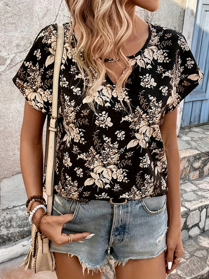 Vintage Graphic Print Cut Out Blouse, Casual Batwing Sleeve Blouse For Spring & Summer, Women's Clothing