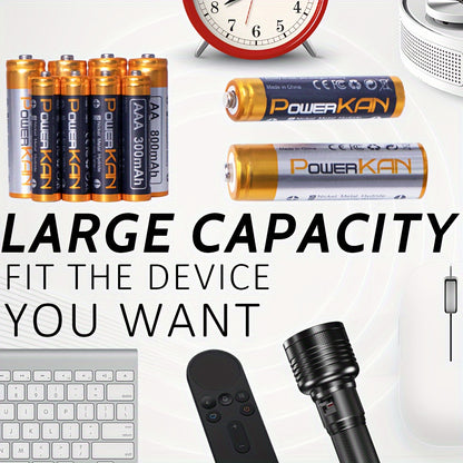 Set (battery + charger), PowerKAN 1.2V NiMH rechargeable AA & AAA Battery + ALL8 charger, high quality battery rechargeable discharge cycle, 800mAh AAx8 & 300mAh AAAx8 combination, with 5V 2A USB fast charging LCD charger