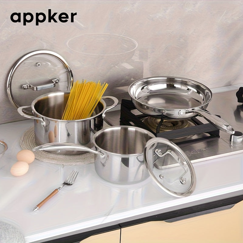 appker 3pcs Tri-Ply Clad Stainless Steel Cookware Set, Pots And Pans Kitchen Set with Tempered Glass Lids, Induction-Ready, Dishwasher-Safe, Silvery
