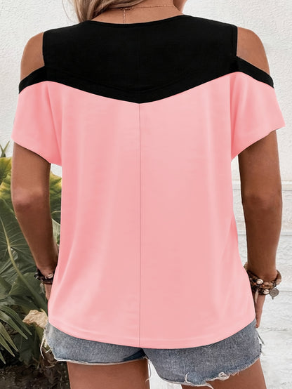 9068# Women's Plus Size Off-Shoulder Round Neck T-Shirt - Color Block Striped Summer Top, Breathable Machine-Washable Casual Elegant Tee, Ladies T Shirts, Easycare Clothing, Nontransparent Fabric, Relaxed Fit, Stylish Blouse,