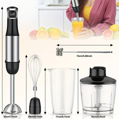 Liquidificador de Imersão Portátil 6 em 1 - Liquidificador em Aço Inoxidável com 5 Velocidades, Processador, Batedor e Espumador de Leite para Carnes, Puré de Batata e Papinhas de Bebé