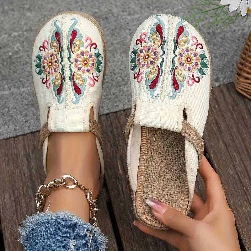 Women'S Ethnic Floral Embroidered Fabric Slides - Handmade Woven Espadrille Sole, Round Toe Slip-On Flat Heel Sandals for All Seasons, White with Colorful Flower Patterns, Casual Footwear | Floral Pattern Sandals | Woven Espa