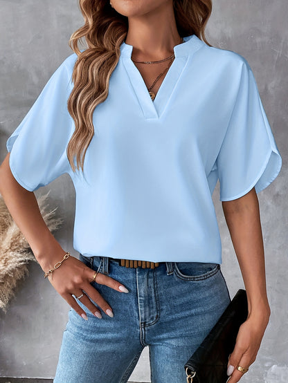 Solid Color Notch Neck Blouse, Casual Short Split Sleeve Blouse For Spring & Summer, Women's Clothing