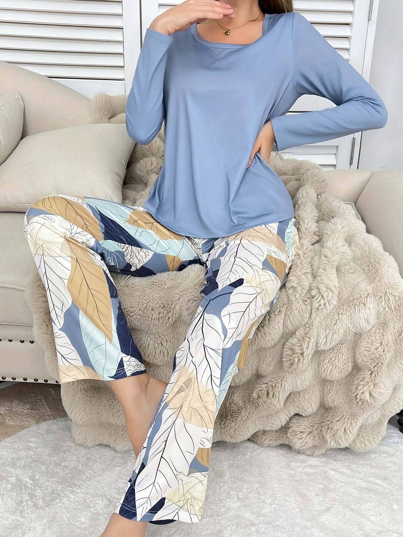 Women's Pajama 2pcs Set, Casual Fall/Winter Sleepwear, Comfortable Home Loungewear, Loose Round Neck Long Sleeve Top and Elastic Waistband Pants, Elegant Holiday Wear, Perfect Gift Choice