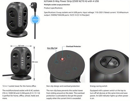 12-way power strip with 4 USB, multi-socket tower, 1.8m extension cable, power strip with double for Switch, desktop socket tower surge protection for garden, office, kitchen