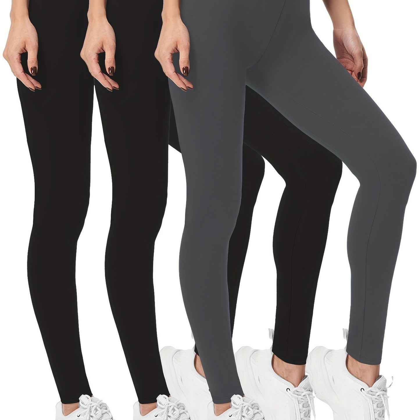 3-Pack High-Elasticity Slim-Fit 9/10 Length Pants - Solid Color Tight Waist All-Season Trousers, Machine Washable & Dry Cleanable, Casual to Dressy Wear (Compatible with Skirts/Blouses) - Bulk Pack for Cost Savings & Easy War