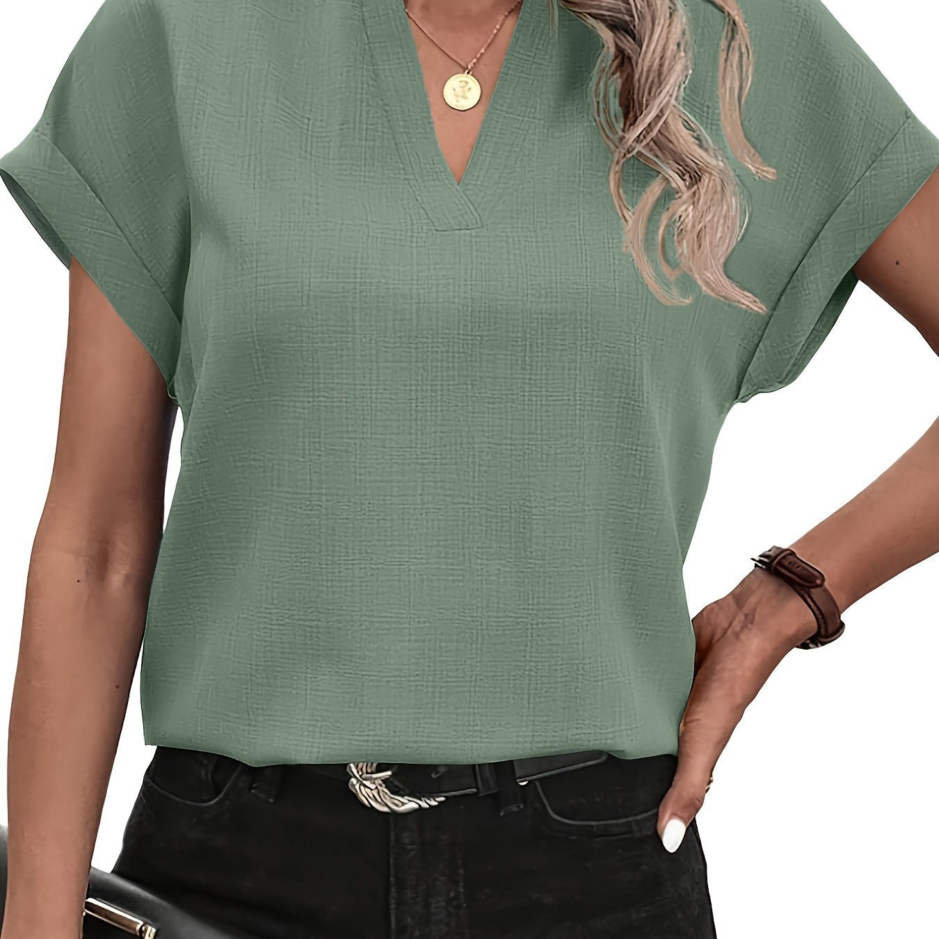 Solid Color V Neck Blouse, Casual Short Sleeve Top For Spring & Summer, Women's Clothing