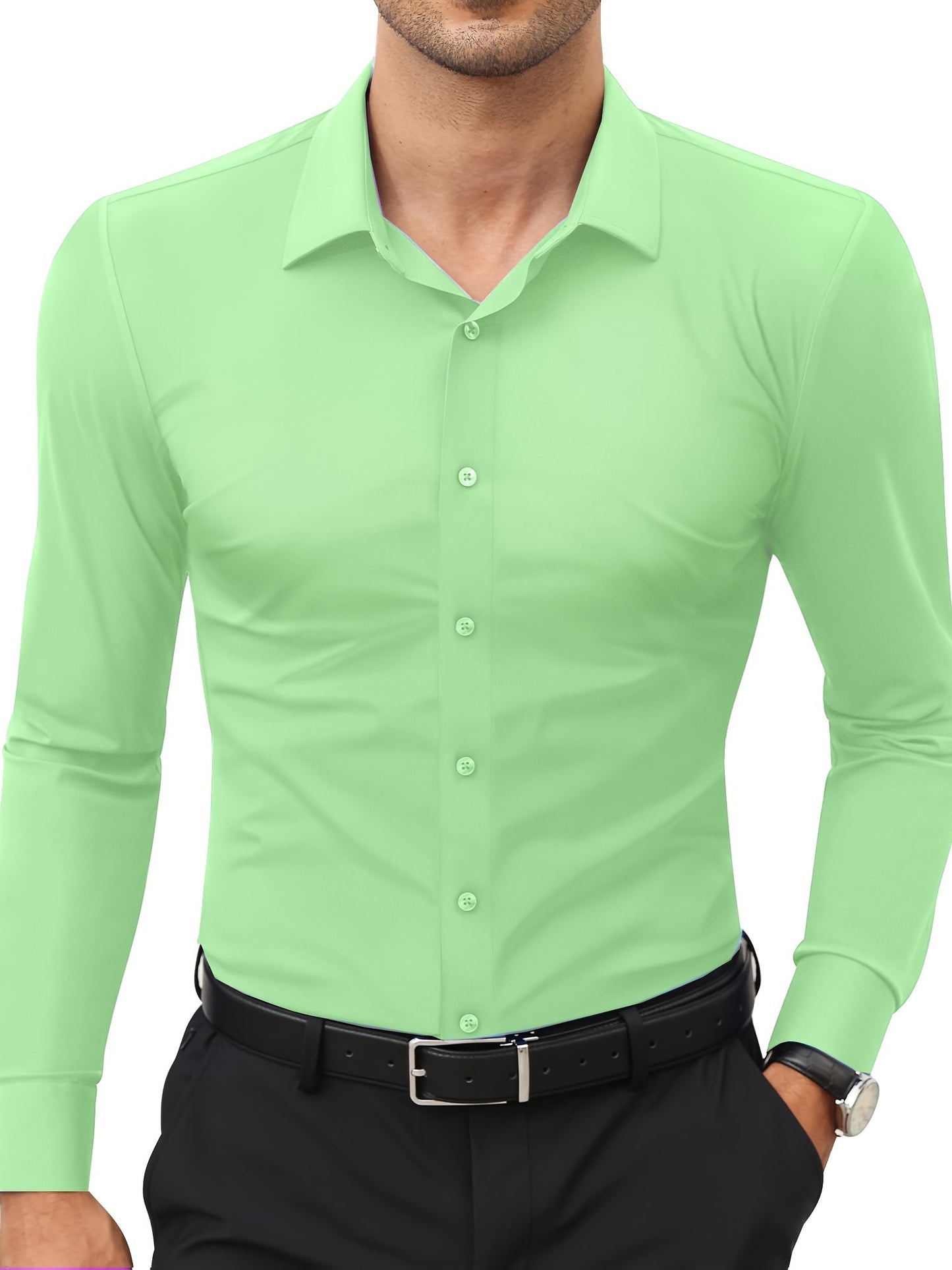 Men'S Slim Fit Long Sleeve Shirt - 55% Cotton, 40% Polyester, 5% Spandex, Solid Color, All-Season, Woven Fabric, Button-Up, Lapel Collar, Casual Weekend Wear, 125g/m²