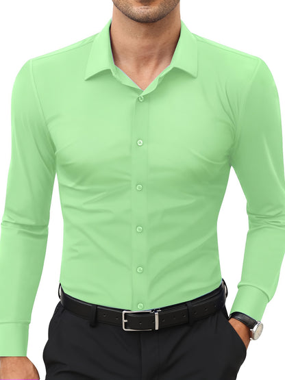 Men'S Slim Fit Long Sleeve Shirt - 55% Cotton, 40% Polyester, 5% Spandex, Solid Color, All-Season, Woven Fabric, Button-Up, Lapel Collar, Casual Weekend Wear, 125g/m²
