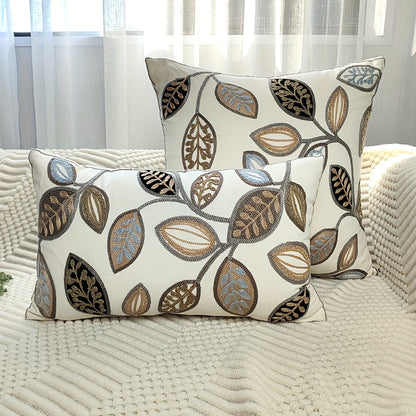 1pc Leaf Embroidered Decorative Throw Pillow Case, Canvas Cushion Cover For Living Room, Home Decor