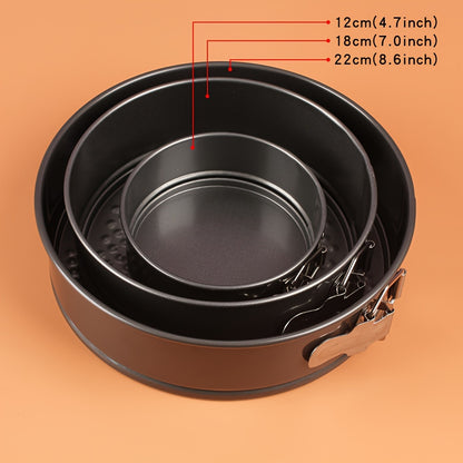 3-Piece Round Carbon Steel Cake Pan Set with Non-Stick Coating, Metal Baking Molds with Springform Clips, Christmas Holiday Cake Mold Kit