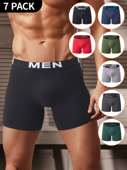 Conjunto de 7 Cuecas Boxer Lisas para Homem - Respiráveis, Confortáveis ​​e com Cós Elástico (Preto, Vermelho, Verde, Branco, Azul Escuro, Azul Claro), Roupa Íntima para Uso Diário | Cuecas Boxer com Cós Elástico | Tecido de Textura Macia