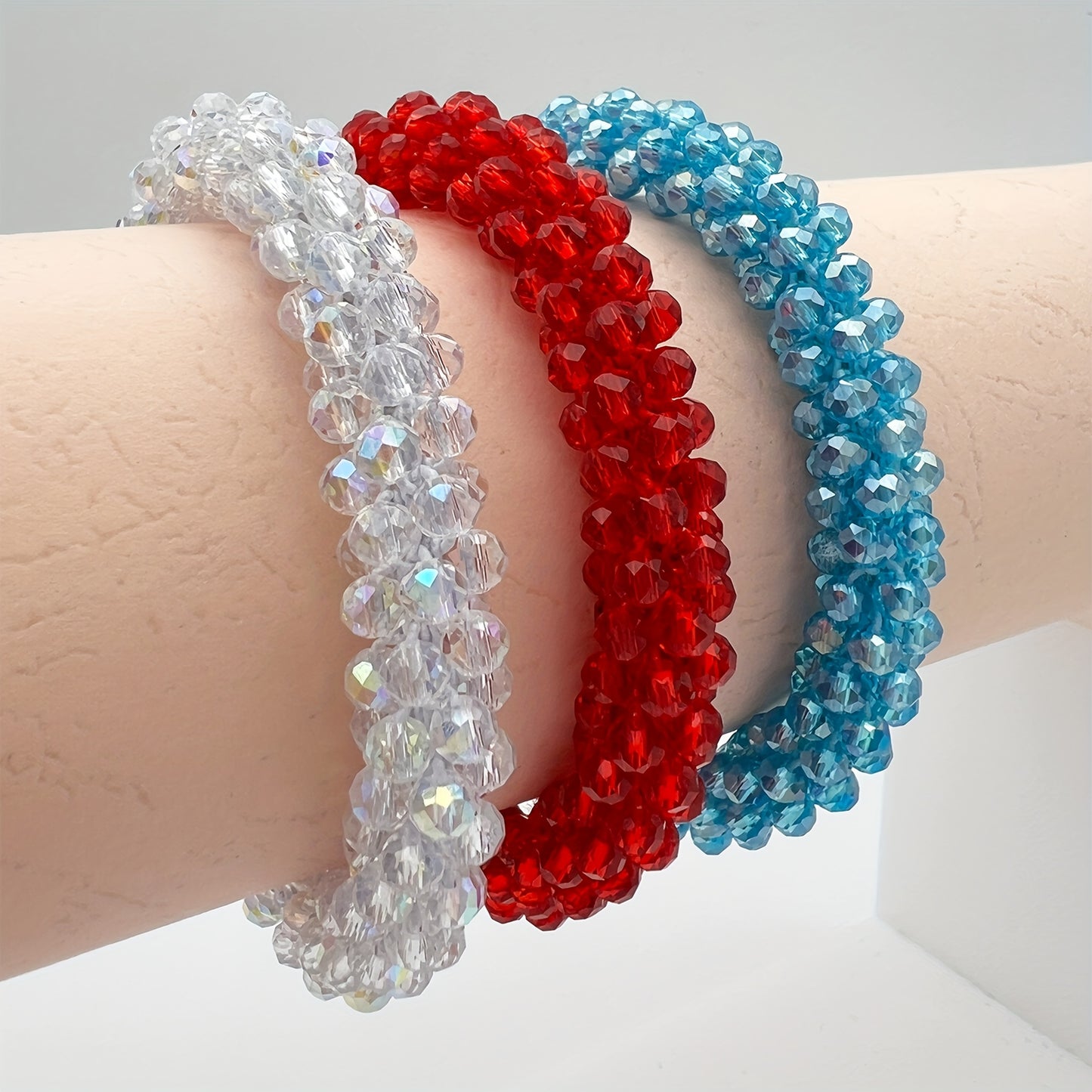 Esbbela 3pcs Bracelet Set Holiday Gift Beaded Artificial Crystal Stackable Strap Set with Elasticity Suitable for Women Men 16.51-20.32 cm Daily Vacation