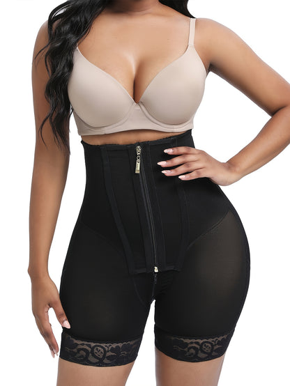 Women'S Double-Layer Compression Waist Trainer with Zipper - High Support, Shape-Fitting Workout Belt & Shorts, Black with Lace Detail, 1pc, Shape Fitting Belt|Zippered Waistband|Compression Support, Waist Trainer