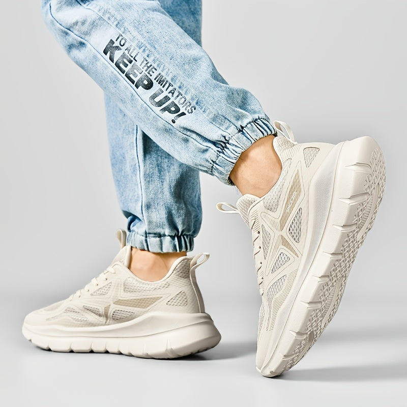 Men's Breathable Running Shoes - Lightweight Cross-Training Sneakers with MD Sole, White & Black Striped Low-Top Design for Gym, Jogging & Casual Wear, Sleek Sporty Look, Cushioned Comfort