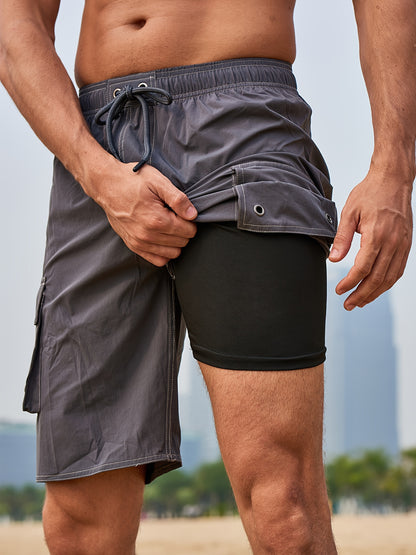 Men's Quick-Dry Swim Shorts with Adjustable Drawstring Waist & Pockets - Sporty Solid Black Beach Shorts for Swimming, Surfing, Water Sports - Machine Washable Regular Fit, Swimming Gear | Sleek Construction