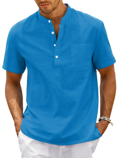 Men's Shirt Top, Solid Band Collar Short Sleeve Closure Summer Male Casual Henley Shirt For Daily Business Formal Shirts For Men