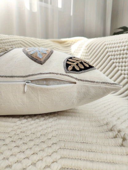 1pc Leaf Embroidered Decorative Throw Pillow Case, Canvas Cushion Cover For Living Room, Home Decor