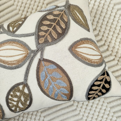 1pc Leaf Embroidered Decorative Throw Pillow Case, Canvas Cushion Cover For Living Room, Home Decor