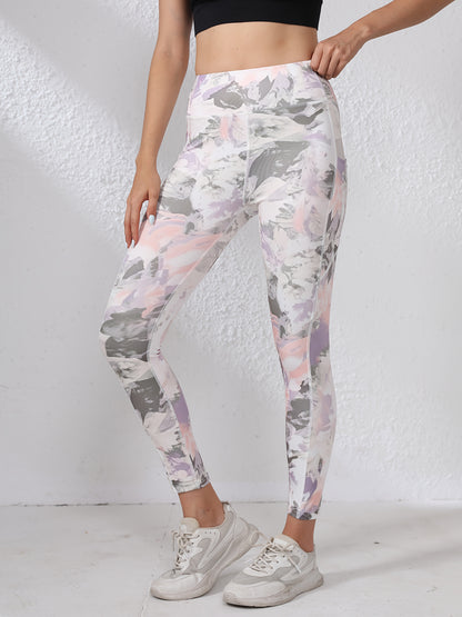 Women's High-Waisted Yoga Leggings with Pockets - Tummy Control Butt-Lifting Workout Pants, Floral Print, Stretchy Polyester/Elastane Blend, Machine Washable for Gym, Running & All-Season Wear