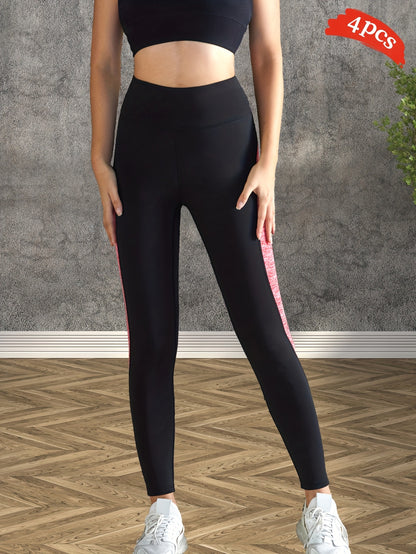 4pcs Women'S High-Waisted Yoga Leggings - Tummy Control Butt Lifting Workout Pants, Breathable Moisture-Wicking Stretchy Fitness Pants with Color-Blocking Design for Gym, Running & Outdoor Activities (Black/White/Red/Blue), Y