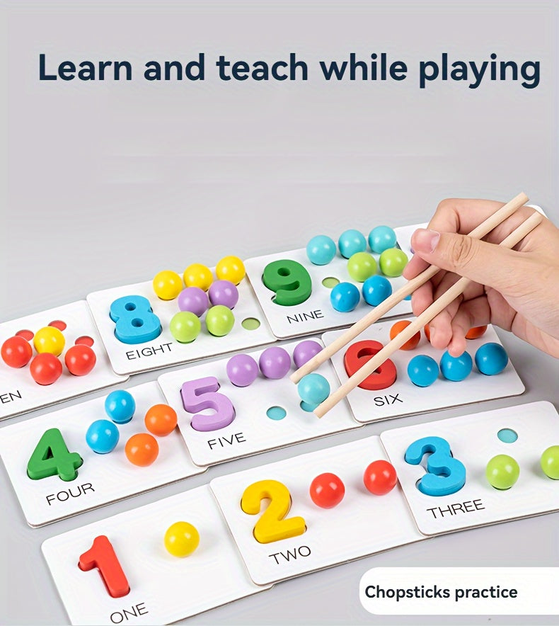 Wooden Number Counting Game for - Educational Preschool Math Learning Toy with Colorful Beads, Matching Cards and Clipping Tweezers for Cognitive Skills Development, Age 3+