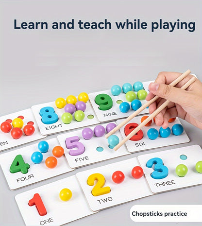 Wooden Number Counting Game for - Educational Preschool Math Learning Toy with Colorful Beads, Matching Cards and Clipping Tweezers for Cognitive Skills Development, Age 3+