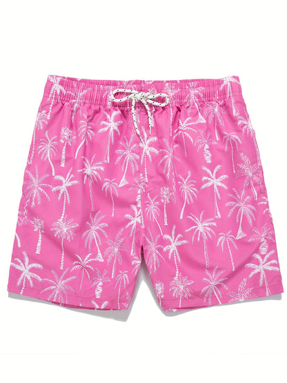 Men's Quick Dry Hawaiian Board Shorts With Pockets, Casual Coconut Tree Graphic Drawstring Swim Trunks For Summer Vacation Beach Pool Outdoor