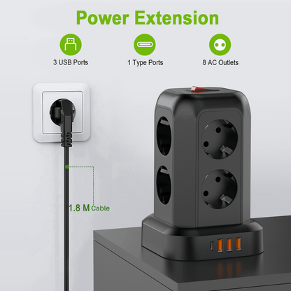 Multi-Plug Socket Distributor with 8 Sockets, 3 USB Ports (Including 1 USB-C), Side-Entry Plug Wall Charger, Essential for Cruising, Travel, Office, And Dorm