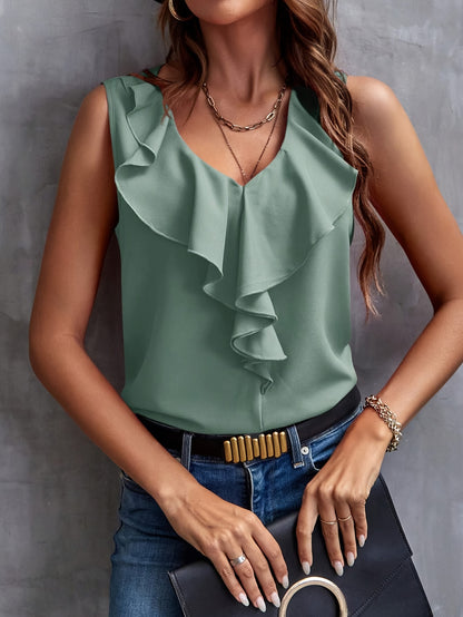 Ruffle Trim V-neck Loose Blouse, Elegant Sleeveless Blouse For Spring & Summer, Women's Clothing
