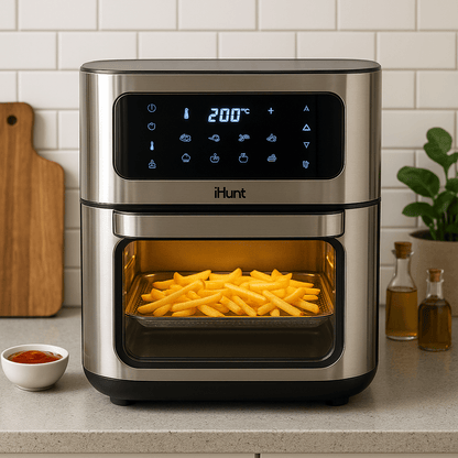 Hot Air Fryer with Rotisserie Without Oil Ihunt Bro Air Fryer 12L Rotary XL, 1800W, 360-Degree Air Circulation, Premium Inox Body, 10 Cooking Functions, Adjustable Temperature, Defrosting, Double Compartment with 3 Cooking Zo