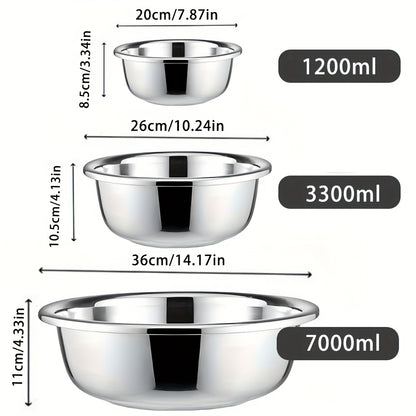3pcs Stainless Steel Mixing Bowls, Oversized Stainless Steel Kitchen Bowls, Baking And Noodle Bowls, Mixing Salads, Washing Vegetables And Fruits, Soup Bowls, Salad Bowls, Etc. Three Sizes Suitable for a Variety of Scenarios