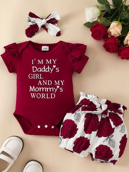 3pcs Short Sleeve & Shorts Set for Newborns - "I'm Daddy's Girl" Letter Print Pants and Headband, Mommy's World Alphabet Kids' Outfit, Perfect for Outdoor