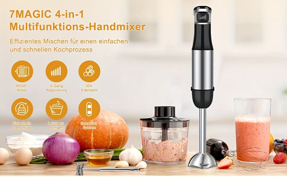 Liquidificador de Imersão Portátil 6 em 1 - Liquidificador em Aço Inoxidável com 5 Velocidades, Processador, Batedor e Espumador de Leite para Carnes, Puré de Batata e Papinhas de Bebé
