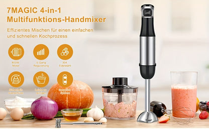 Liquidificador de Imersão Portátil 6 em 1 - Liquidificador em Aço Inoxidável com 5 Velocidades, Processador, Batedor e Espumador de Leite para Carnes, Puré de Batata e Papinhas de Bebé