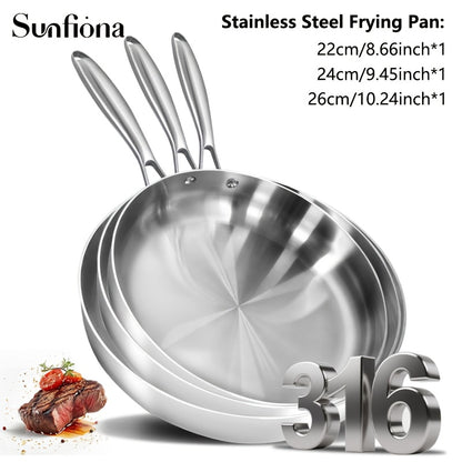 3pcs Sunfiona 316 Stainless Steel Bright Surface Frying Pan, Three-Layer Steel Material, Uncoated Frying Pan, Long-Handled Frying Pan, Wok, Suitable for A Variety Of Induction Cookers, Ovens, Fast Heating, Dishwasher Safe, Ho