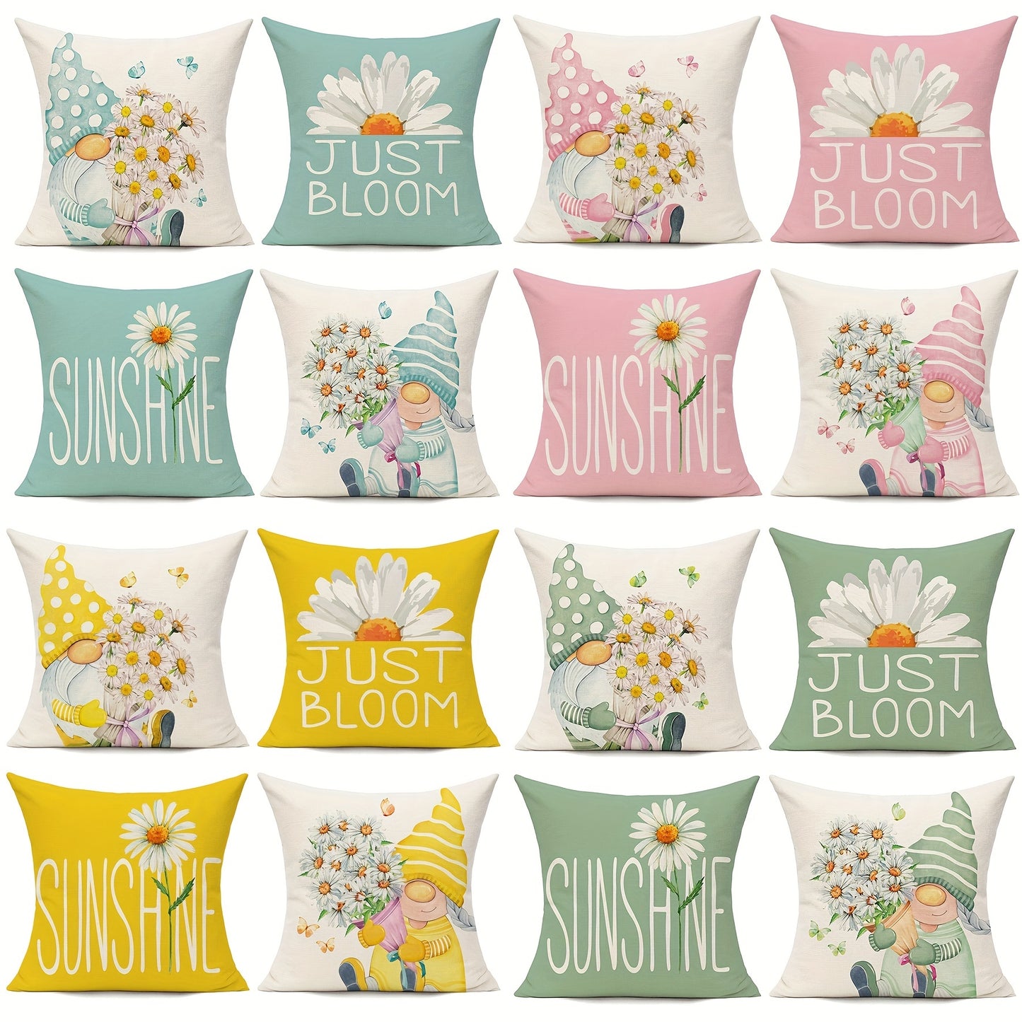 Conjunto de 4 capas de almofada com estampado de gnomos e margaridas, perfeitas para a primavera. Ideais para sofá, varanda, bancos e outros móveis. Não inclui enchimento. Dimensões: 45,72 x 45,72 cm.