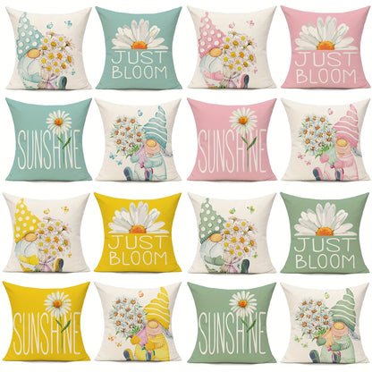 Conjunto de 4 capas de almofada com estampado de gnomos e margaridas, perfeitas para a primavera. Ideais para sofá, varanda, bancos e outros móveis. Não inclui enchimento. Dimensões: 45,72 x 45,72 cm.