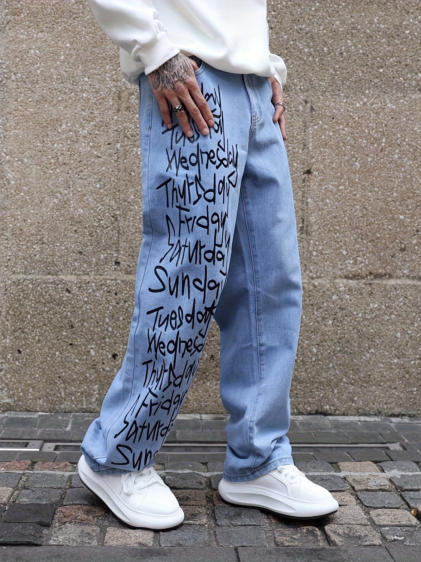 Men's Casual Letter Print Wide-Leg Jeans - Loose Fit, Rayon Blend Denim Pants for All Seasons