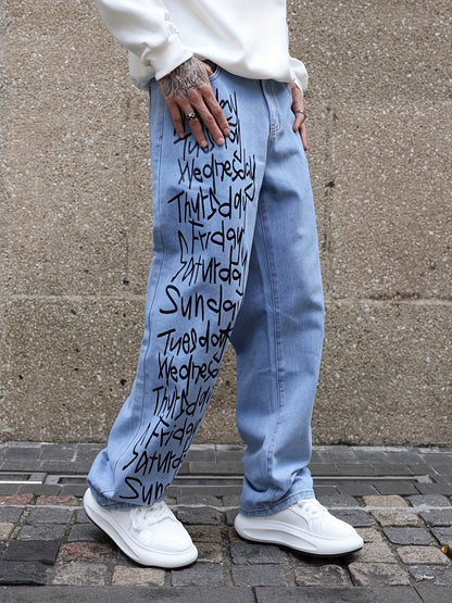 Men's Casual Letter Print Wide-Leg Jeans - Loose Fit, Rayon Blend Denim Pants for All Seasons