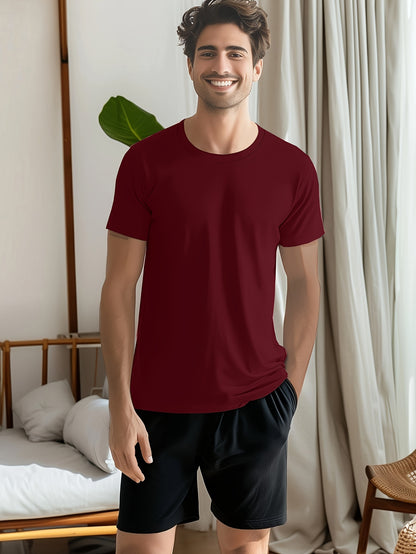 Conjunto de 4 t-shirts casuais para homem de cor sólida, estilo simples, manga curta e gola redonda, ideais para usar em casa, como pijama ou para atividades ao ar livre no verão.