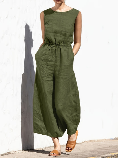 2025 New Women's Olive Green -Linen Sleeveless Casual Dress with Button Front - Round Neck Machine-Washable Summer Dress for Spring/Summer Outfits